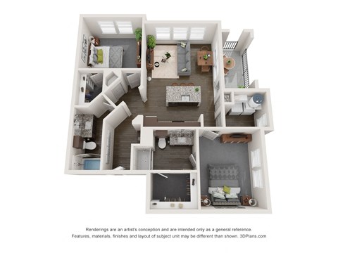 Floor plan for 2 beds, 2 baths, 1039 sqft
